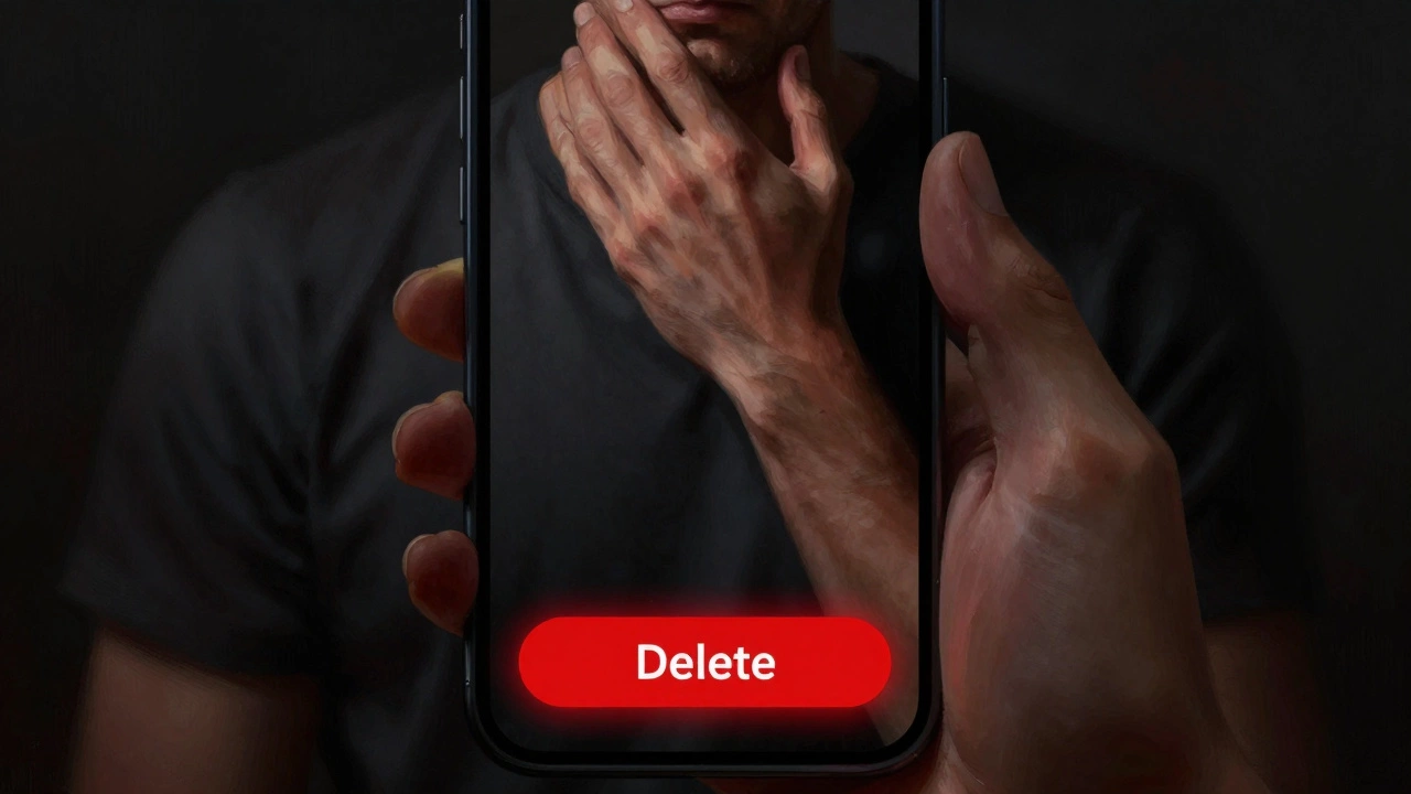A hand hovering over a phone with a partially visible photo and a delete button, symbolizing a moral choice.
