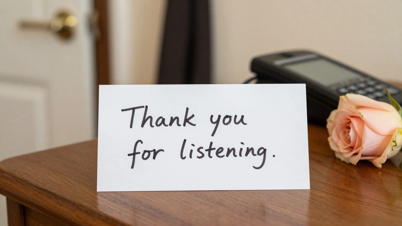 A handwritten note saying &#039;Thank you for listening&#039; rests on a nightstand beside a phone and a rose in a quiet hotel room.