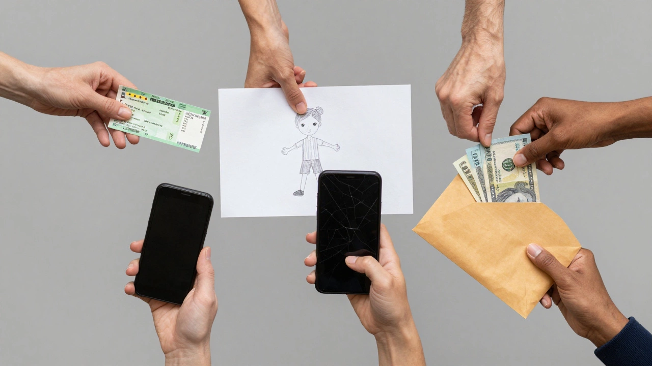 A mosaic of anonymous hands holding personal items like a bus ticket, child&#039;s drawing, and cash envelope, symbolizing hidden lives.