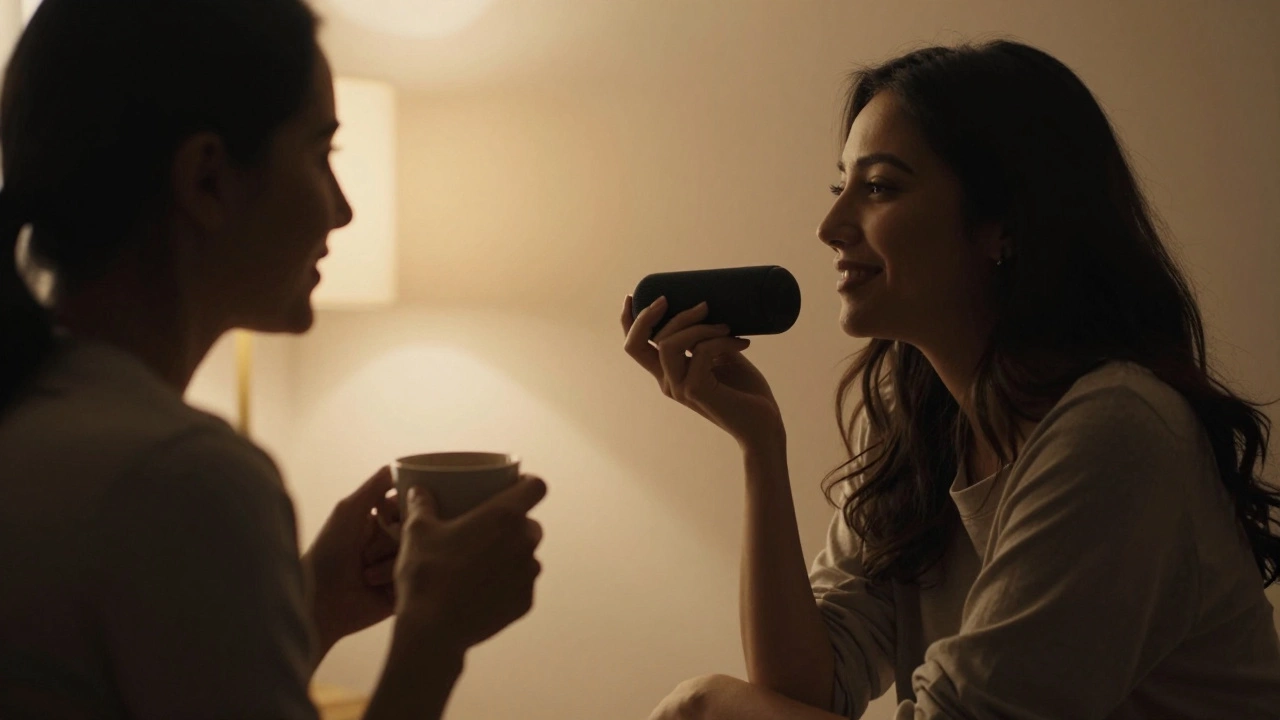 Two people sharing a quiet moment over coffee, connected through a voice note, no nudity.